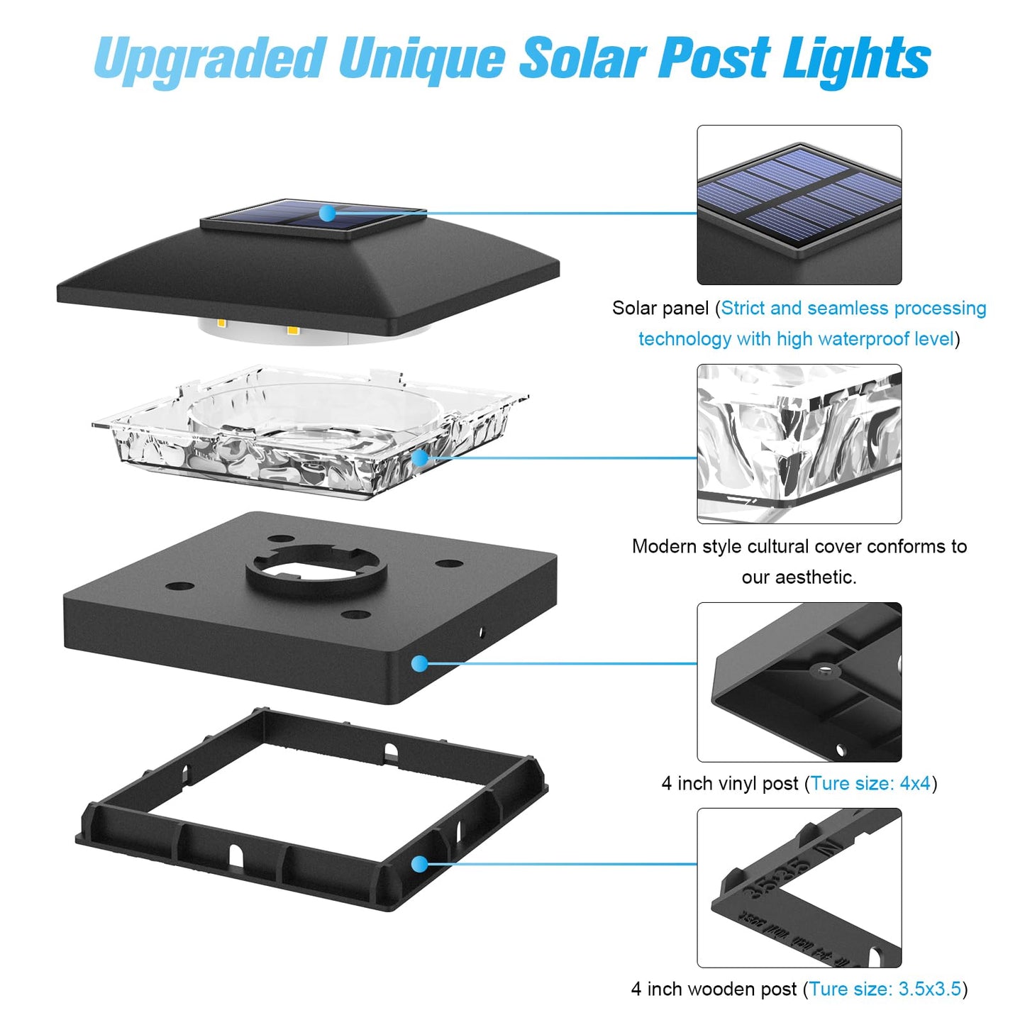 VOLISUN 4x4 Solar Post Cap Lights 12-Pack, Waterproof Outdoor Fence & Deck Lights, Black, Warm White, Solar Powered for Garden/Patio