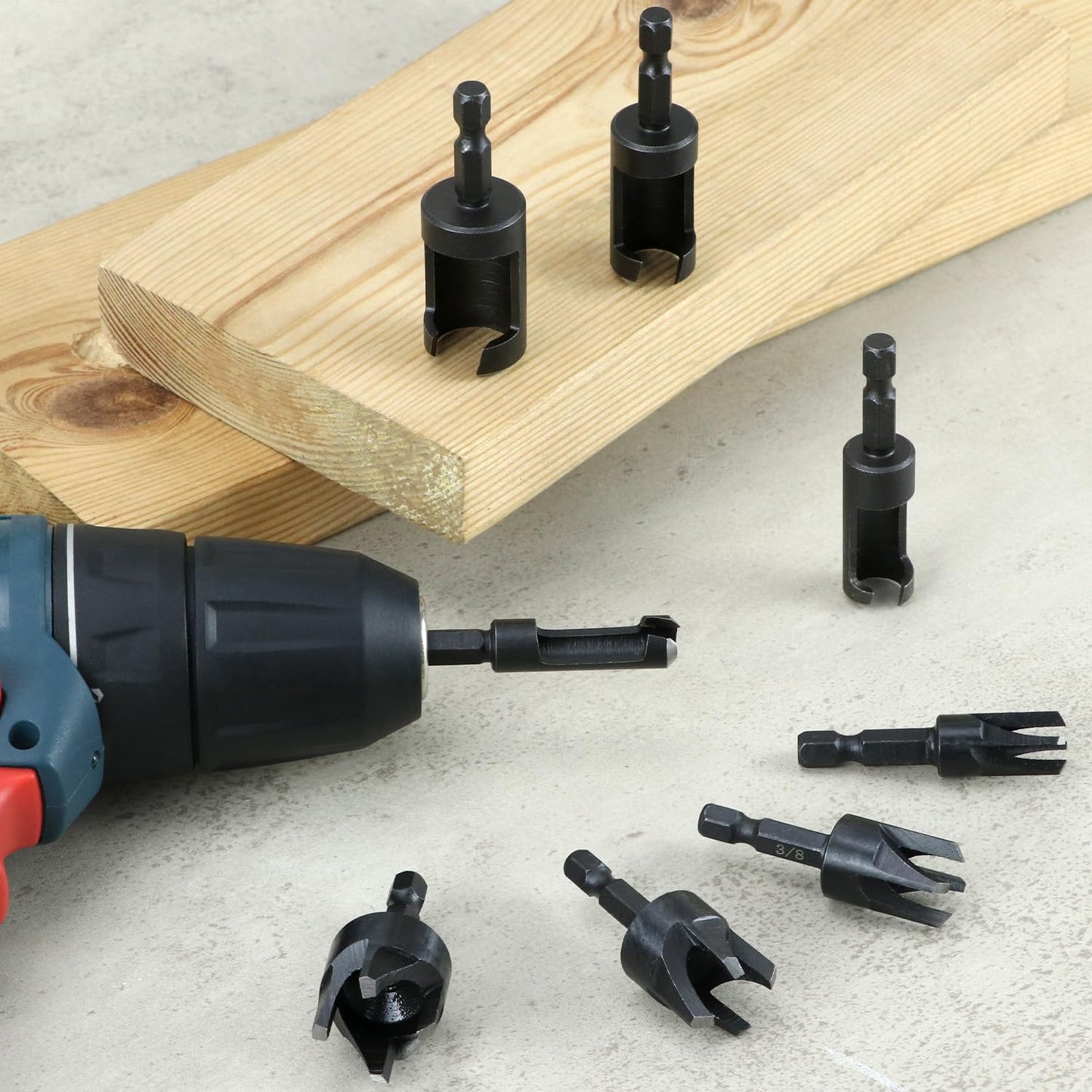 QWORK Wood Plug Cutter Drill Bit Set, 8Pcs, Includes 1/4", 5/16", 3/8", 1/2" Sizes, 1/4 Inch Hex Shank