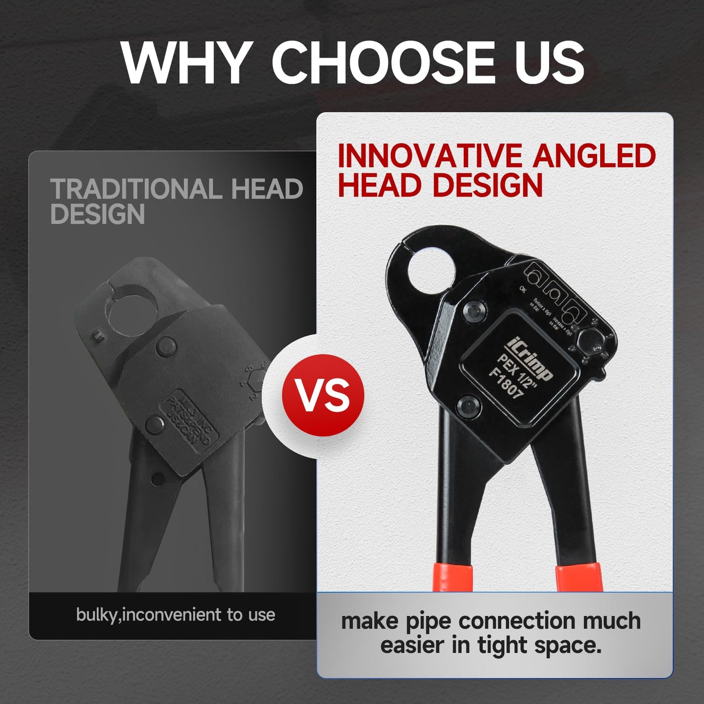 iCrimp Angle Head F1807 PEX Pipe Crimping Tool for Copper Rings - 1/2&3/4-inch Two Crimper Set with Cutter, Suitable for Tight Spaces