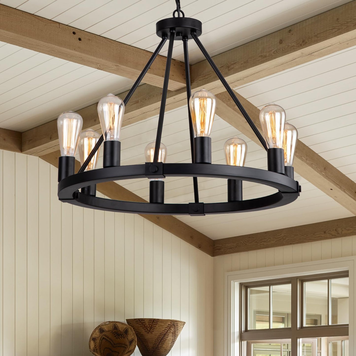 9MMML 23.6" 8-Light Wagon Wheel Chandelier, Black Industrial Vintage Pendant Light for Kitchen, Dining, Living Room, Height Adjustable