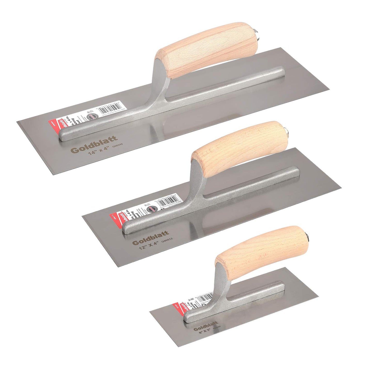 Goldblatt 3-Piece Drywall Trowel Set, Carbon Steel Plastering & Finishing Trowels 14", 12", 8" with Wood Handles for Sheetrock