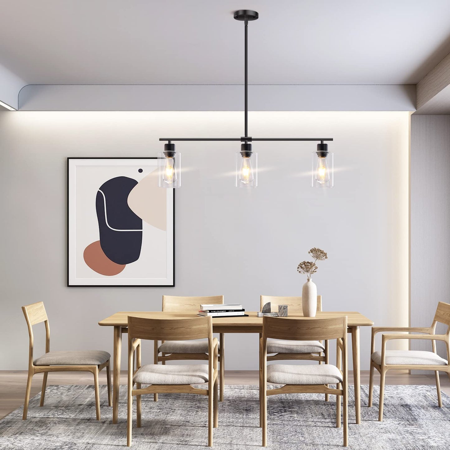 **Yarlkav Kitchen Island Lighting, 3-Light Linear Rectangle Chandelier Pendant, Farmhouse Dining Room Hanging Light with Glass Shades, Black**