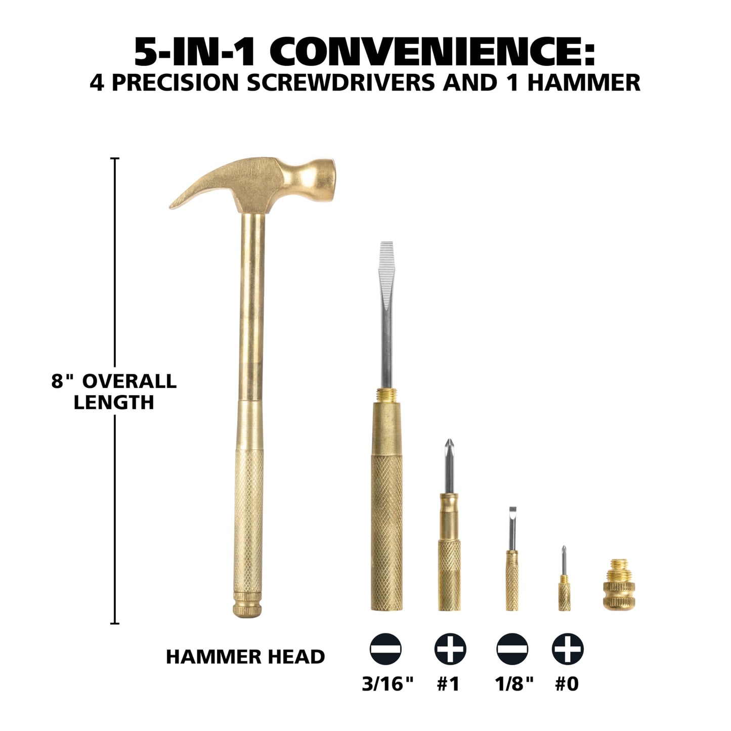 GreatNeck 19006 5-in-1 Hammer Multitool, Built-In Screwdriver, Chrome Plated Rust-Resistant, Compact Household Tool, Gift for Men & Women