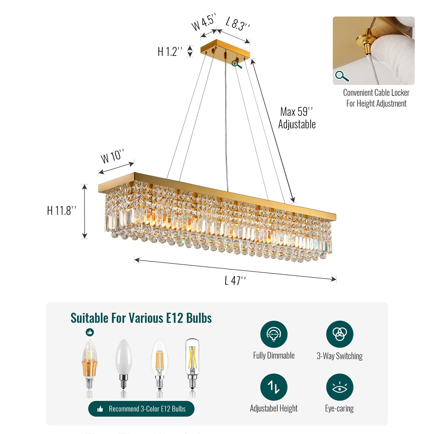Siljoy 10-Light Modern Gold Crystal Chandelier, Rectangular Raindrop Pendant Ceiling Light for Dining Room, Kitchen Island, Bar