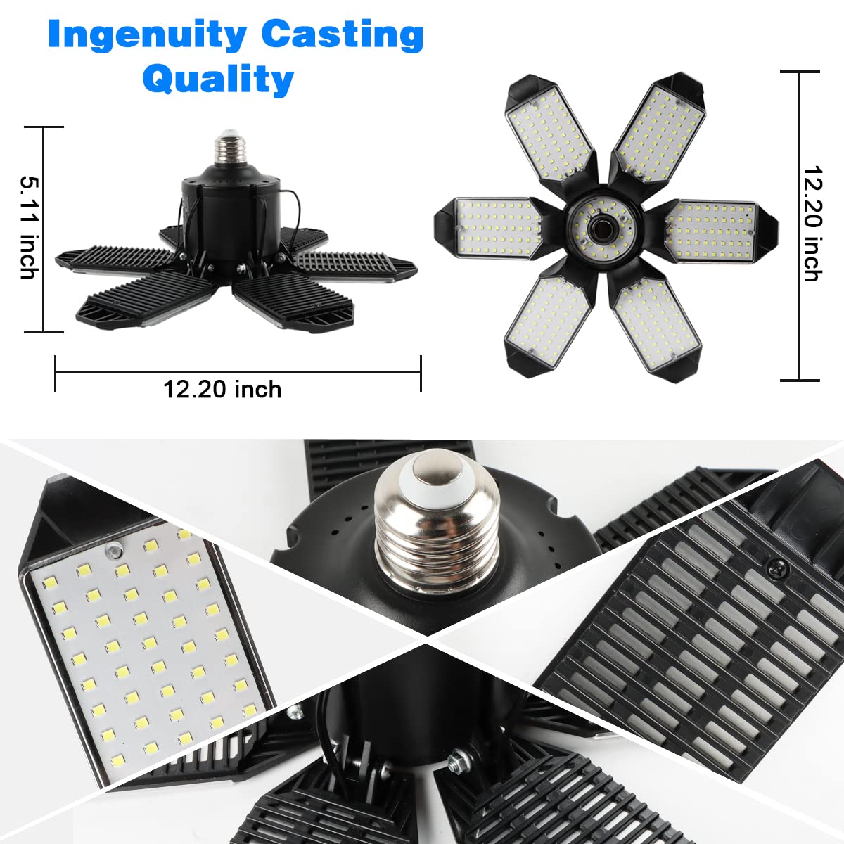 POLARPRA 2-Pack 32000LM LED Garage Ceiling Lights, 6500K, 6 Deformable Panels, E26/E27, Super Bright for Workshop & Storage