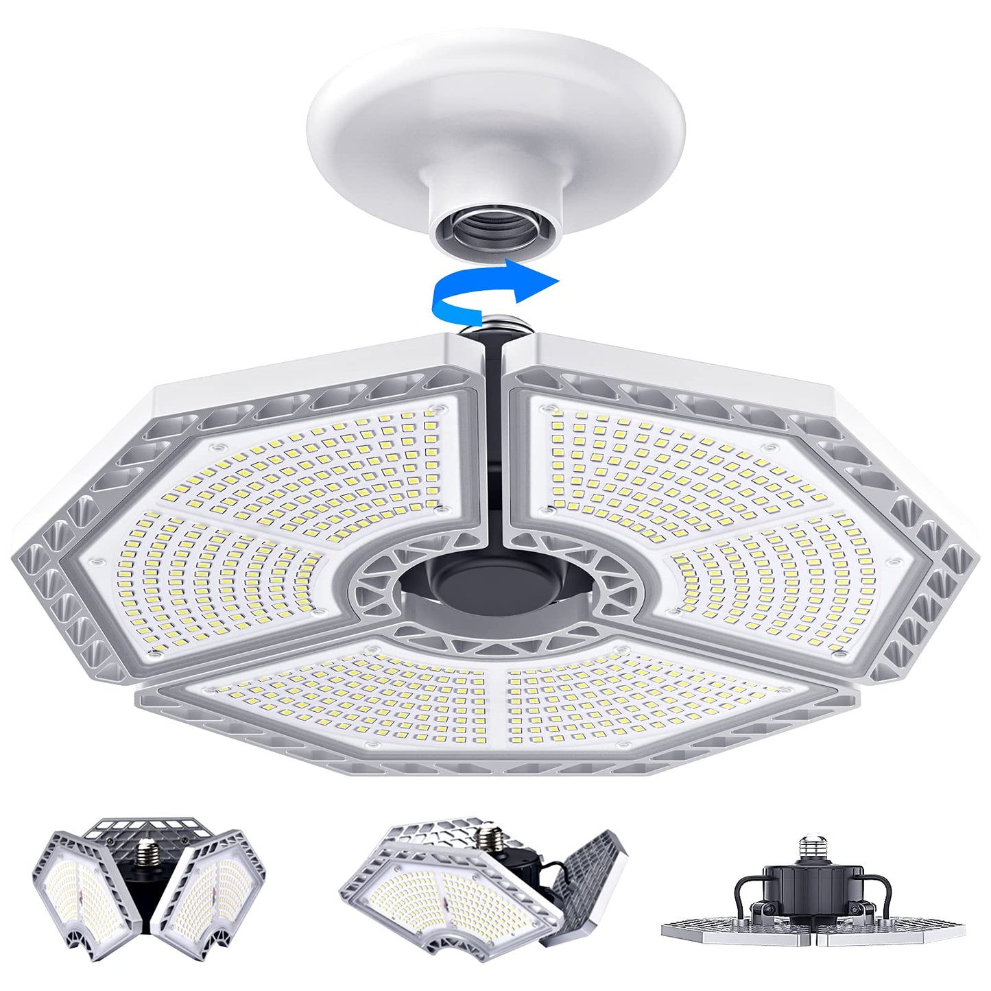 KERNOWO 140W LED Garage Light, 18500 Lumens, 6000K Daylight, Deformable 3-Panel Ceiling Fixture, E26/E27 Triple Glow for Workshop