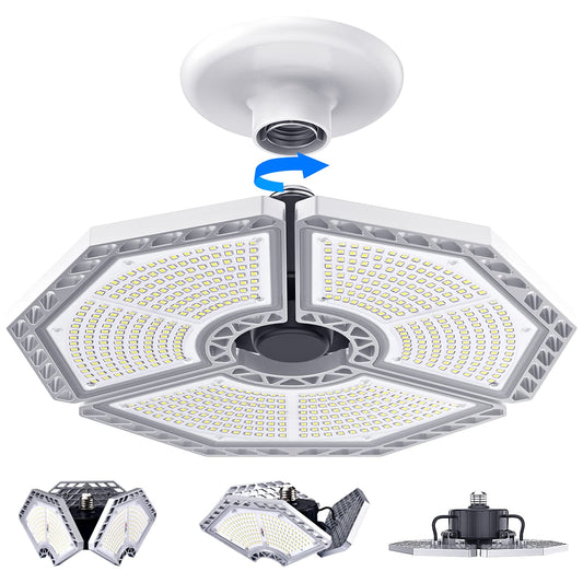 KERNOWO 140W LED Garage Light, 18500 Lumens, 6000K Daylight, Deformable 3-Panel Ceiling Fixture, E26/E27 Triple Glow for Workshop