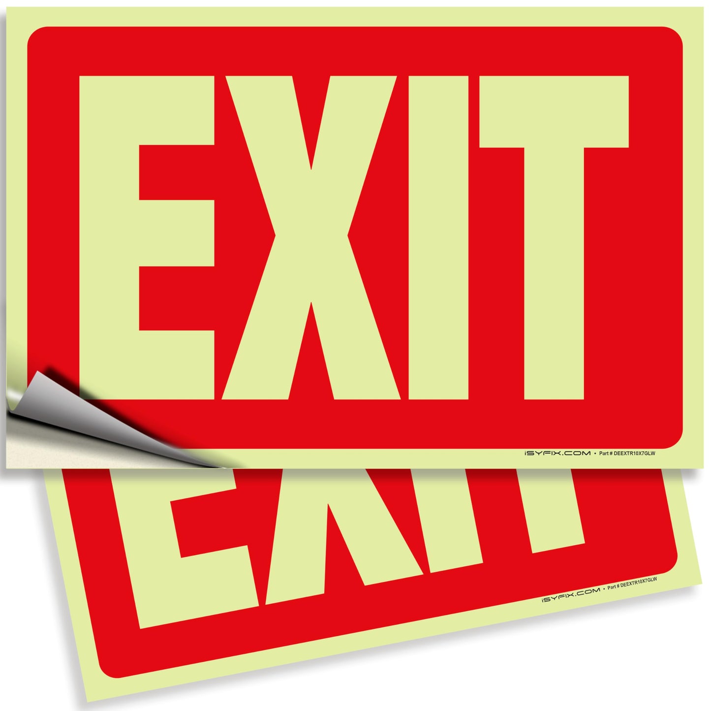 iSYFIX Exit Glow in the Dark Sign Stickers – 2 Pack 10x7 Inch, Red, Photoluminescent Vinyl, Laminated, Weather & UV Resistant, Indoor/Outdoor Use