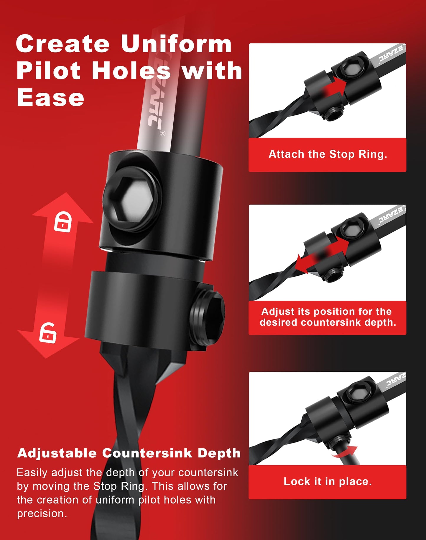 EZARC 15-Piece Countersink Drill Bit Set, Tapered Bits with 2 Wood Plug Cutters, 1/4" Hex Shank Quick Change, Woodworking Kit with Storage Box