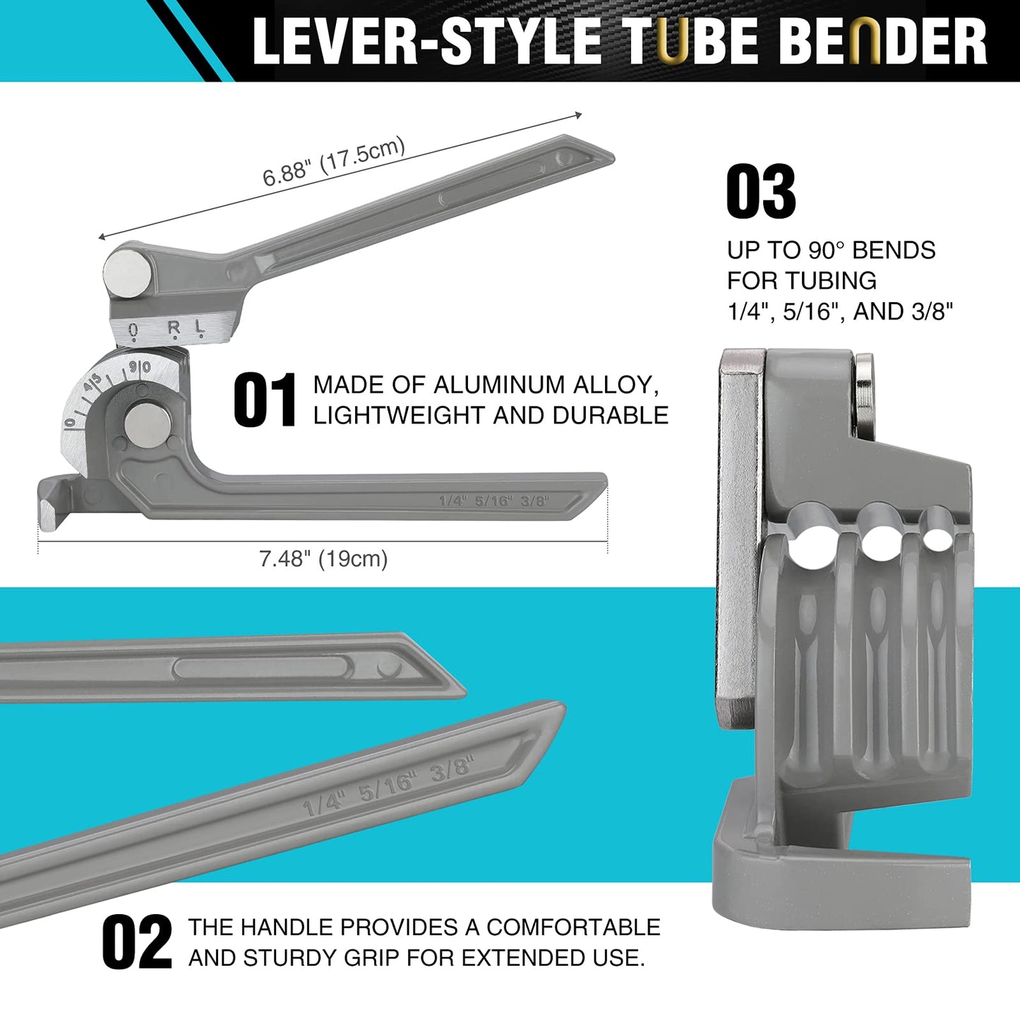 DURATECH Tube Bender, Pipe Bender, 3-IN-1, 1/4", 5/16", 3/8", for Copper, Brass, Aluminum and Thin Steel Pipes