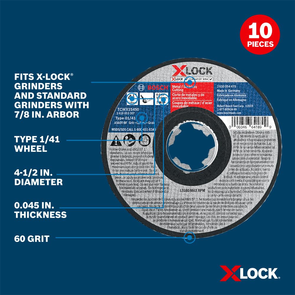 BOSCH TCWX1S450P10 4-1/2 in. X-Lock® Metal/Stainless Steel Cutting Wheels - 10 Pack, 60 Grit, Type 1/41