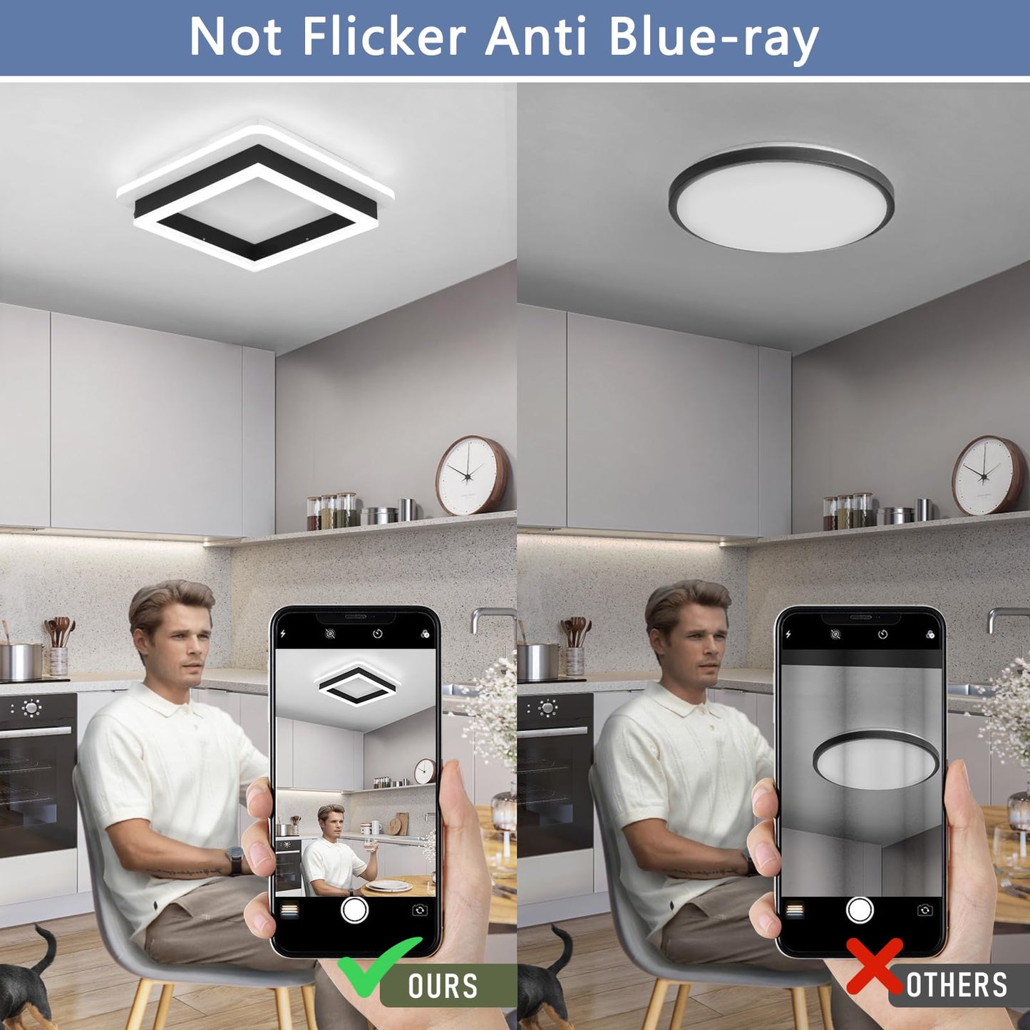 24W Square Modern LED Ceiling Light, Black Flush Mount, Cool White 6000K, Small Fixture for Hallway, Living Room, Bedroom, Kitchen