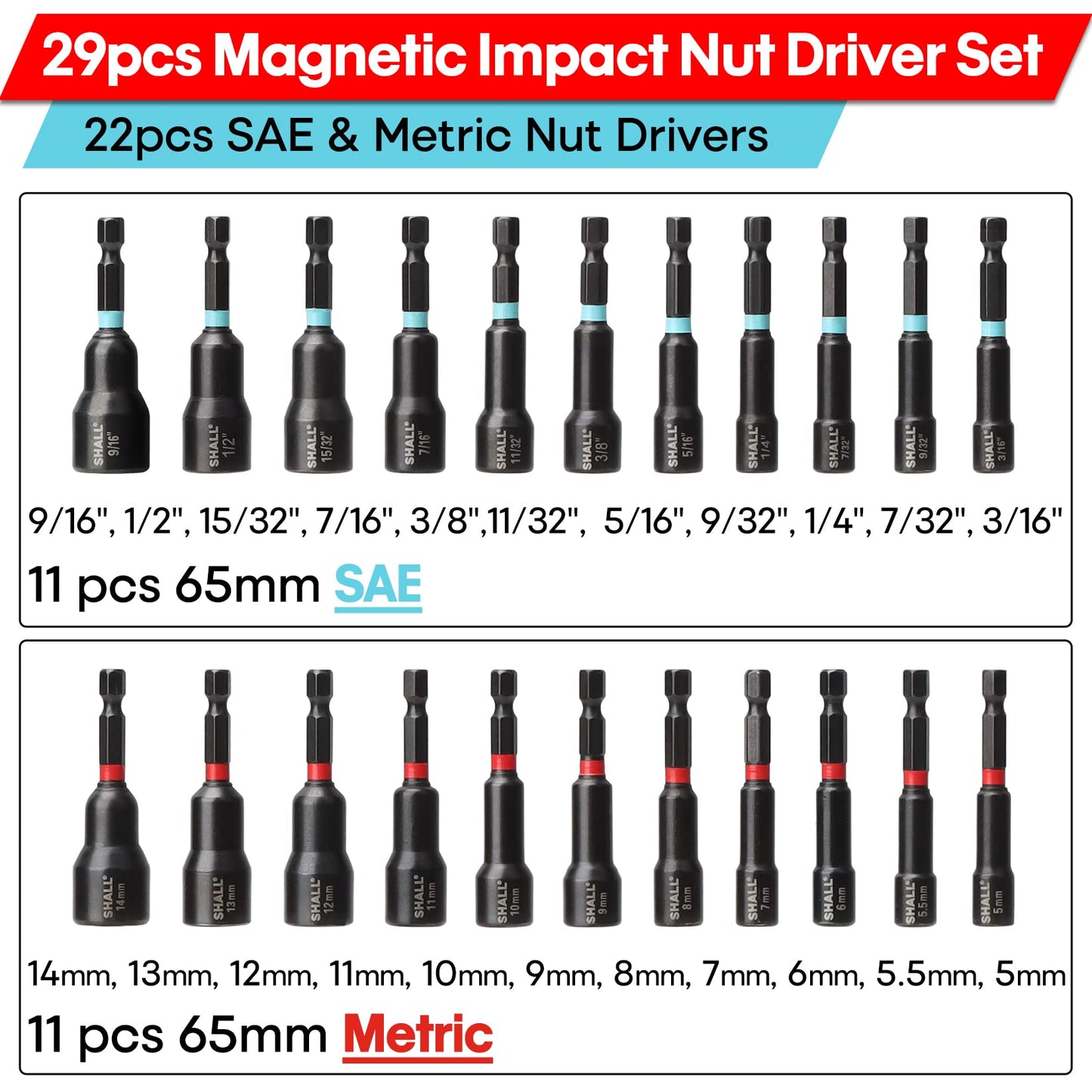 SHALL 29PCS Magnetic Nut Driver Set, 1/4" Hex Impact Drill Bits, SAE & Metric Cr-V Steel, Quick-Release Extensions & Storage Bag