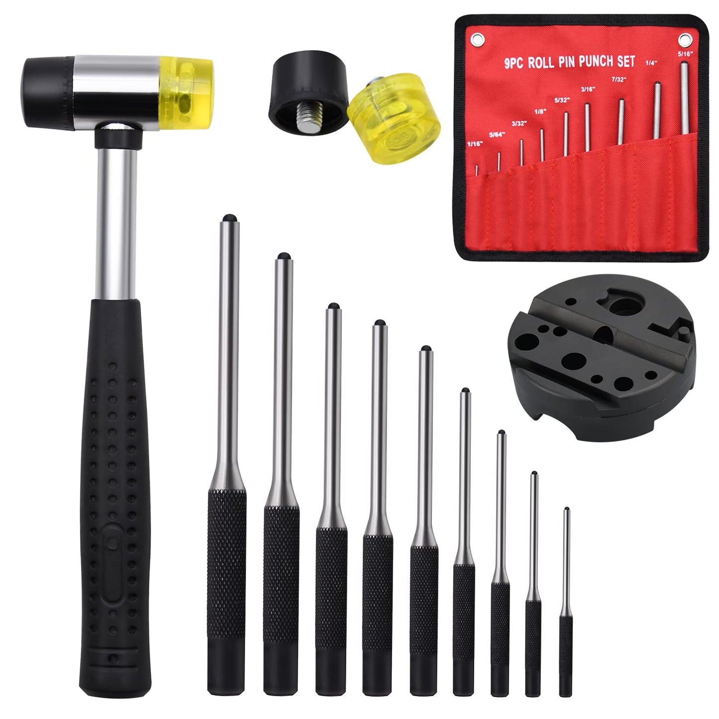 Pin Punch Set, 14pcs Removing Repair Tools, including Universal Block, Pin Punches and Hammer