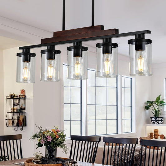 5-Light Farmhouse Chandelier, Matte Black & Wood Linear Pendant for Dining Room or Kitchen Island with Clear Glass Shades