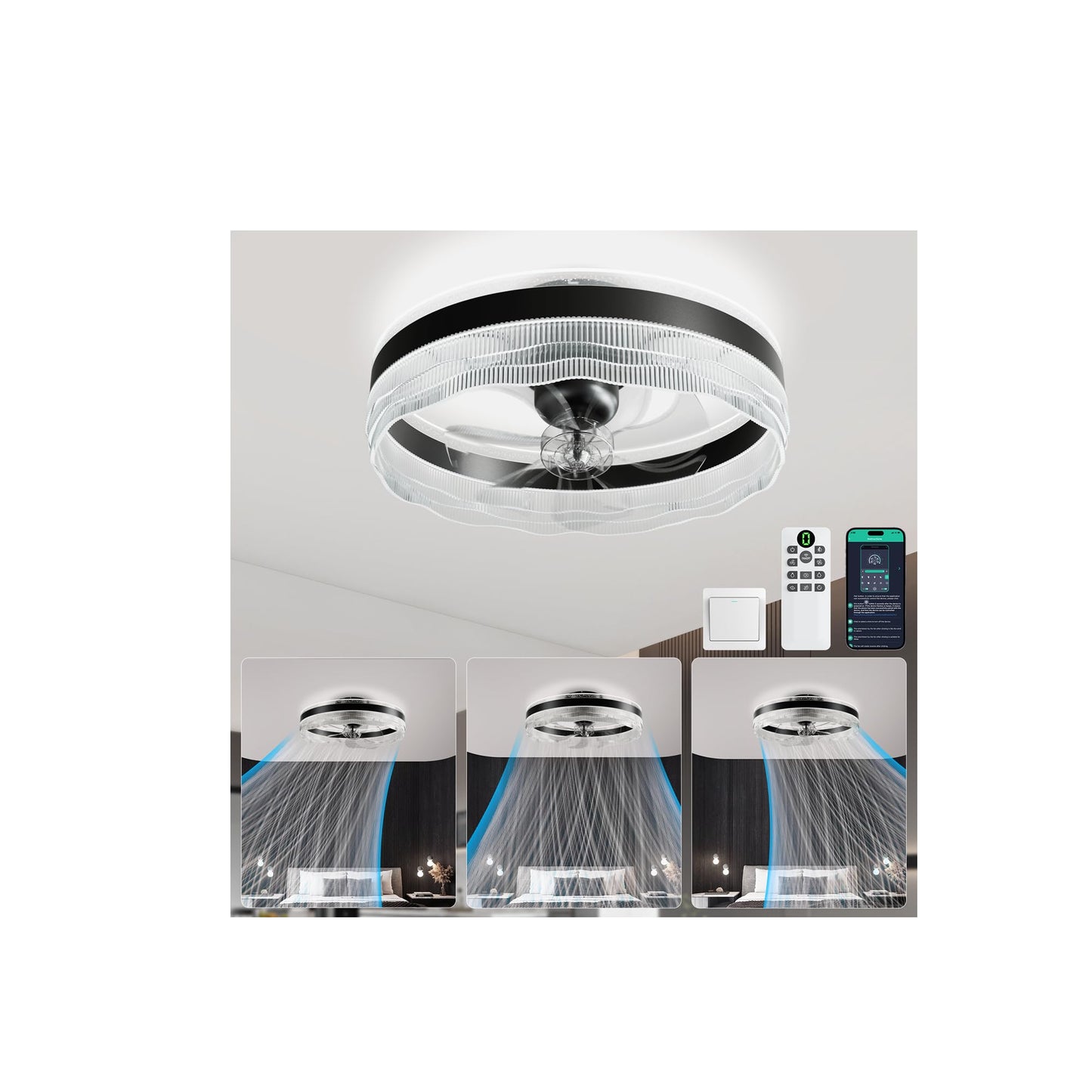 Kejector 20" Low Profile Ceiling Fan with Light, Bladeless Flush Mount LED Fandelier, Remote & App Control, 360° Oscillation