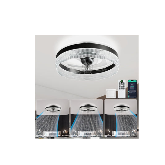 Kejector 20" Low Profile Ceiling Fan with Light, Bladeless Flush Mount LED Fandelier, Remote & App Control, 360° Oscillation