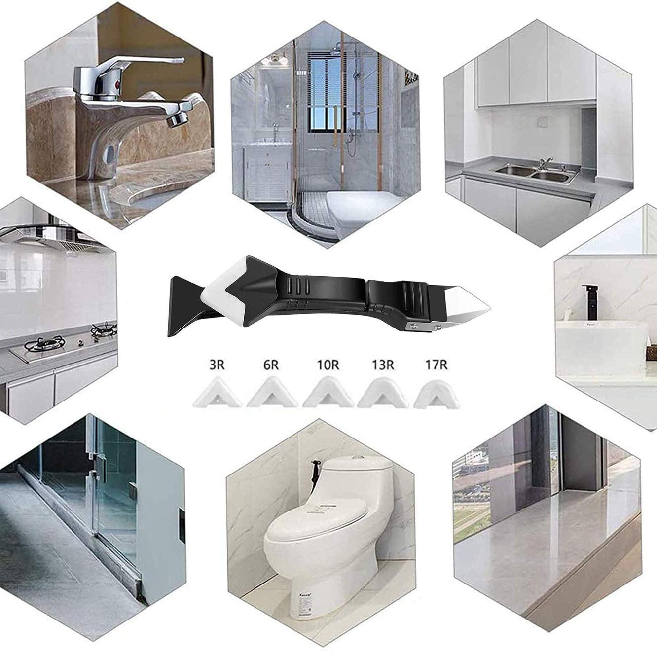 3-in-1 Silicone Caulking Tool Set, Stainless Steel Caulk Remover & Glass Glue Angle Scraper for Kitchen, Bathroom, Windows & Frames