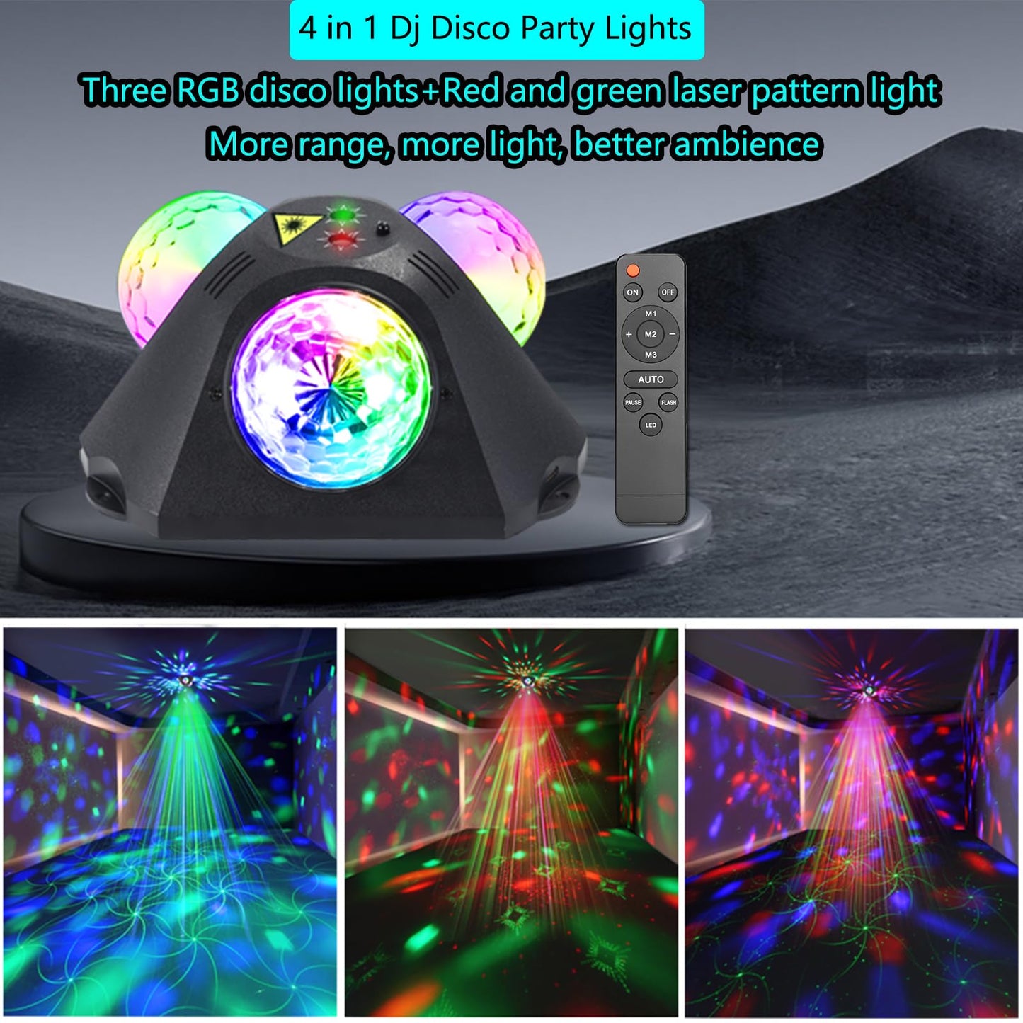 Yinpkteo 4-in-1 Disco Ball Party Lights, 3 RGB + Red & Green Pattern Strobe Lamp for Home, Birthday, Halloween, Christmas & Dance Parties