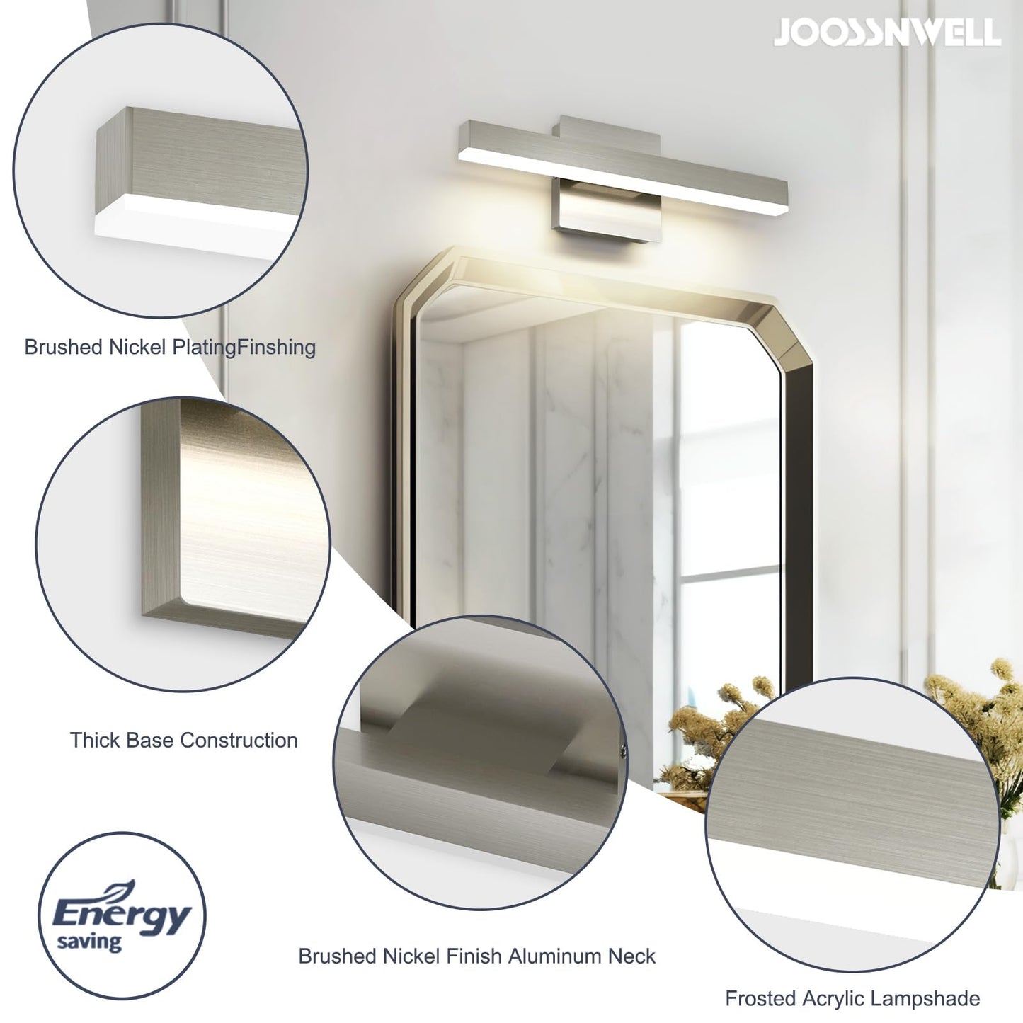 Joossnwell 15.74” Brushed Nickel LED Vanity Light Bar, 5CCT Dimmable Modern Bathroom Fixture, ETL Certified, Over Mirror