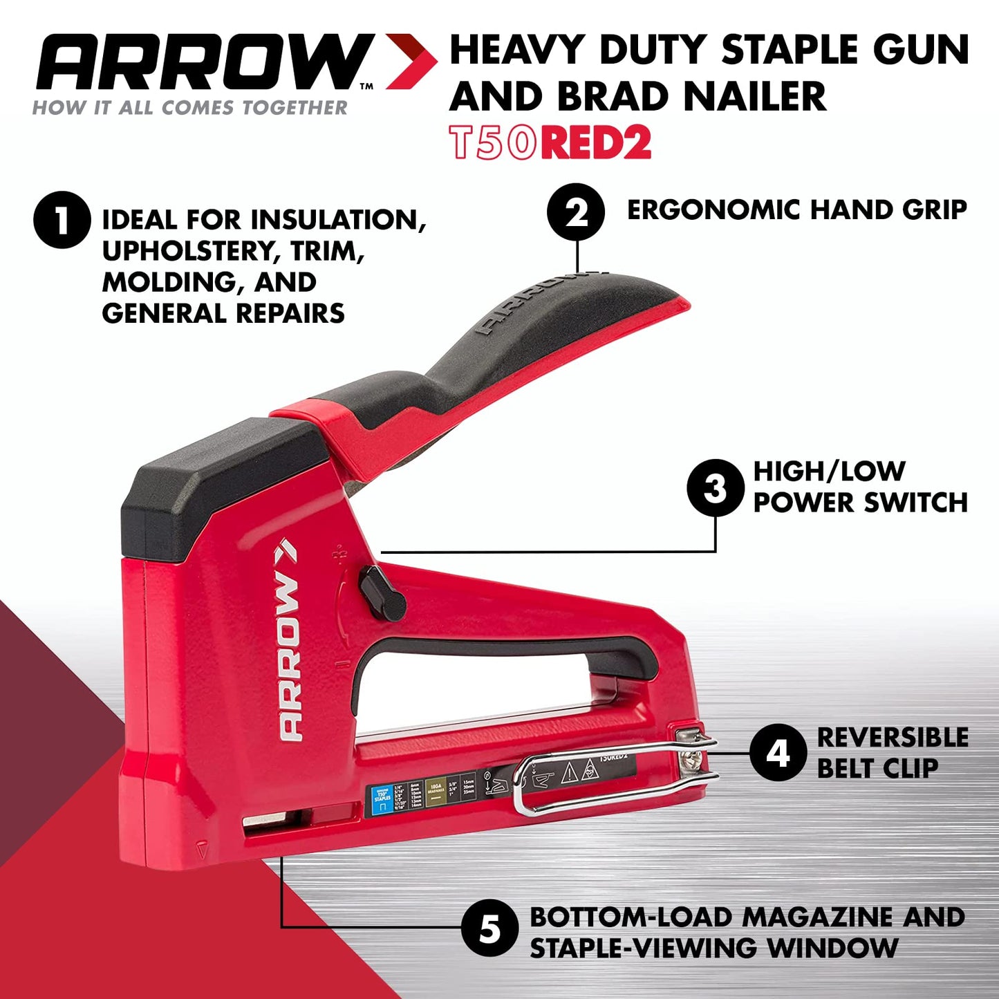 Arrow T50RED2 Heavy Duty Manual 2-in-1 Staple Gun and Brad Nailer for Upholstery, Framing, Insulation, Crafts, and Furniture, Red