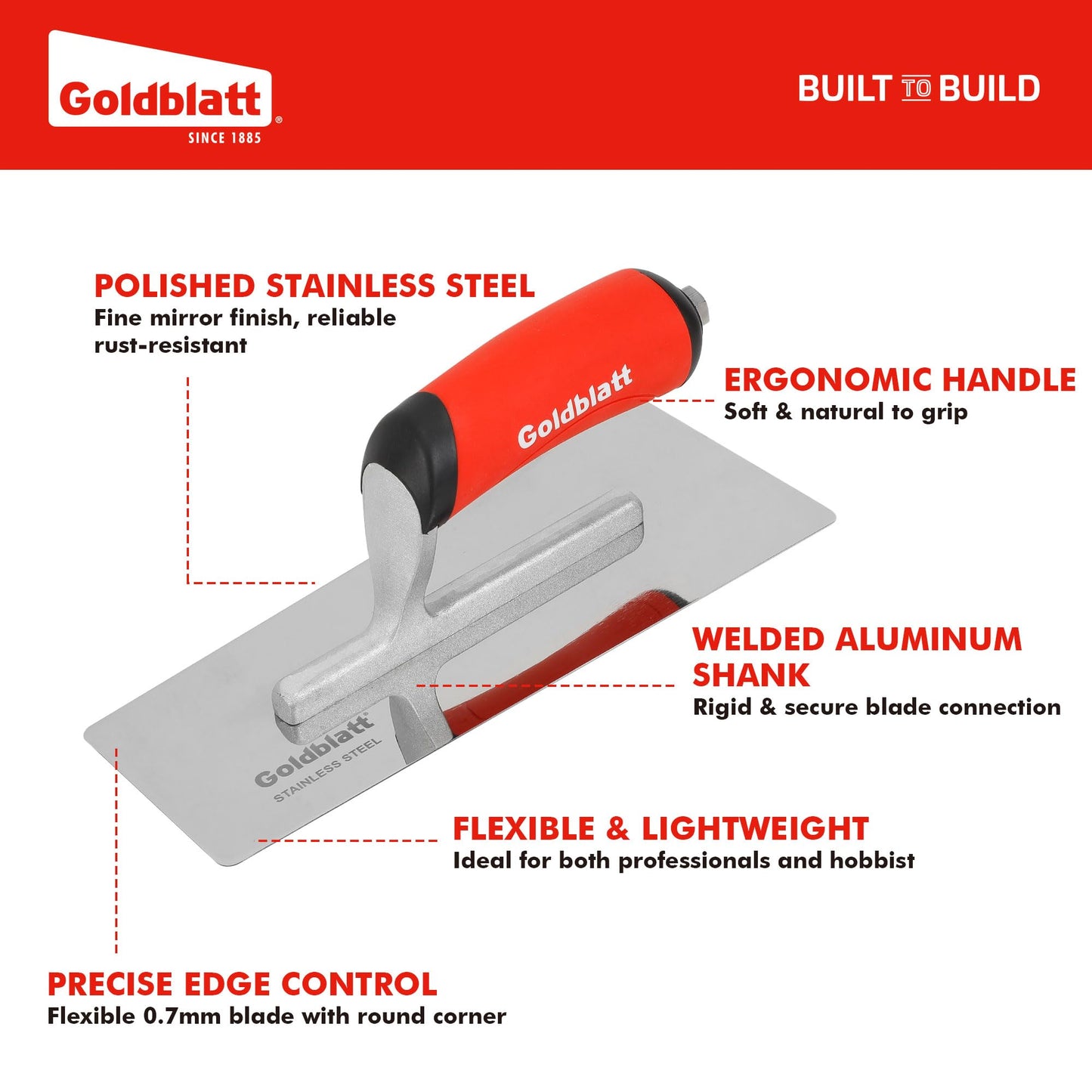 Goldblatt Venetian Plaster Trowel Set, 3-Piece Polished Stainless Steel Finishing Trowels with Soft Grip Handles for Drywall, Concrete & Marmorino