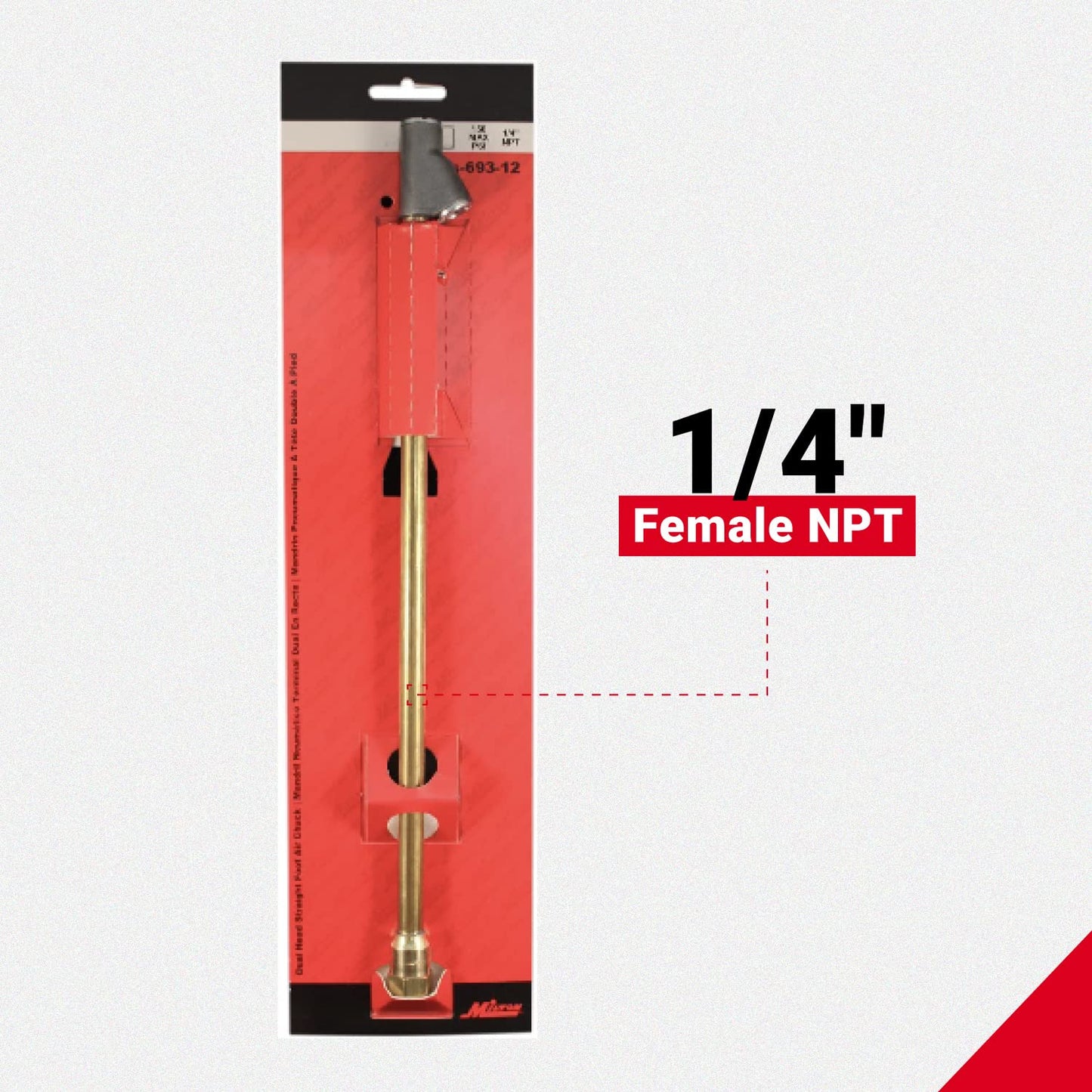 Straight Foot Dual Head Air Chuck, 12" Extended Reach, 1/4" FNPT, 150 PSI, for Truck, Trailer, RV & Car – S-693-12