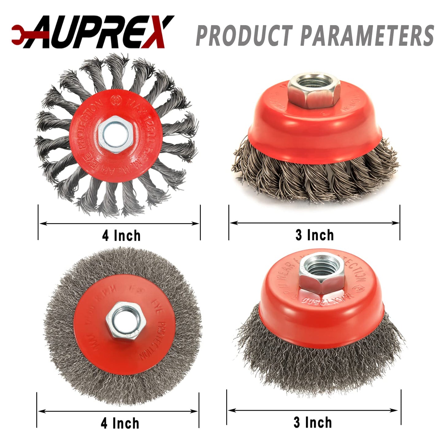 AUPREX 4 Pack Wire Wheel Brush Set for Angle Grinders, 4 & 3 Inch, 5/8'-11 Thread Arbor, Twist Knotted Coarse Crimped Wire Brushes