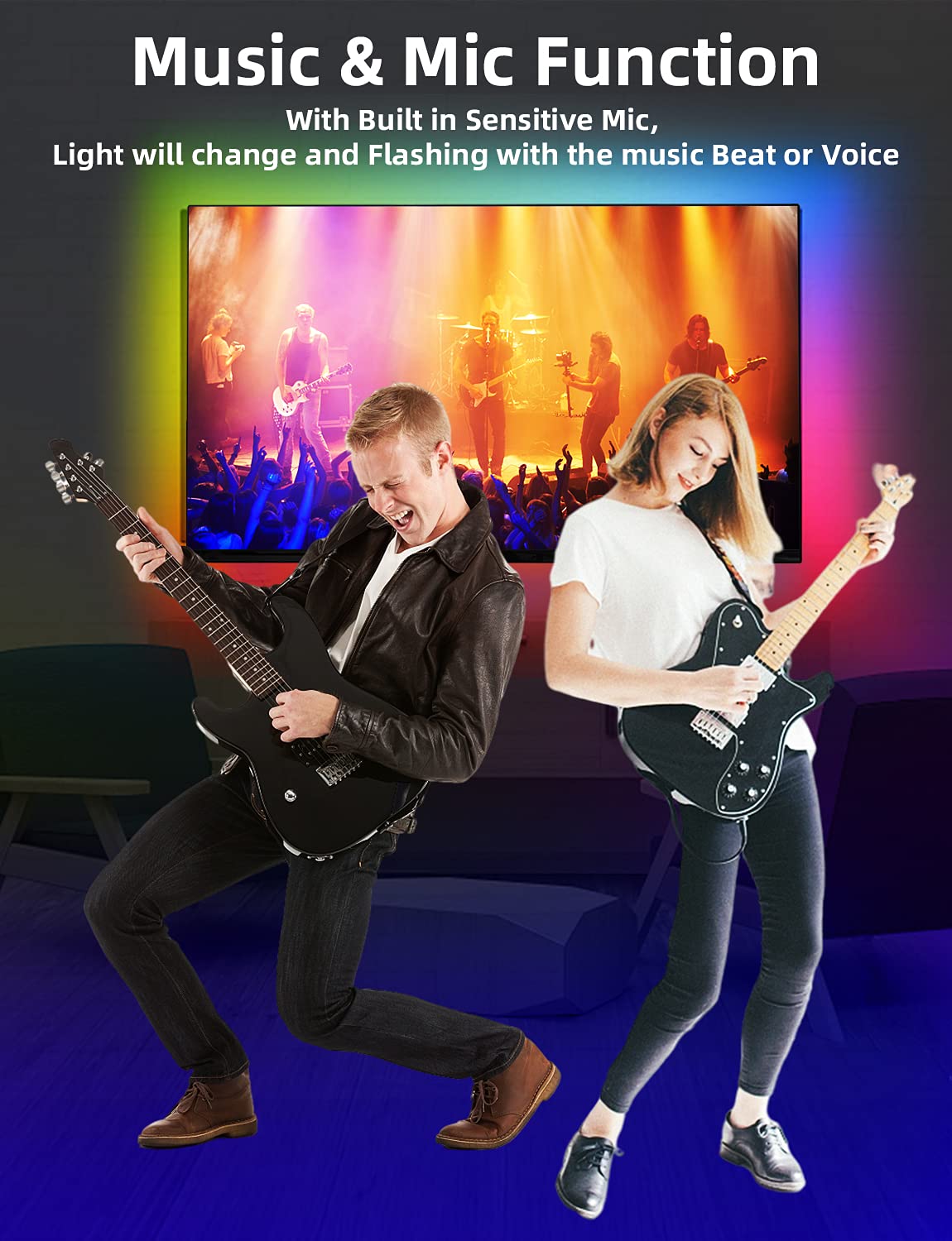 Daymeet 9.8FT LED TV Backlight for 32-60" TVs, RGBICW Color Changing Strip, Music Sync, Bluetooth APP Control, USB LED Lights for Bedroom