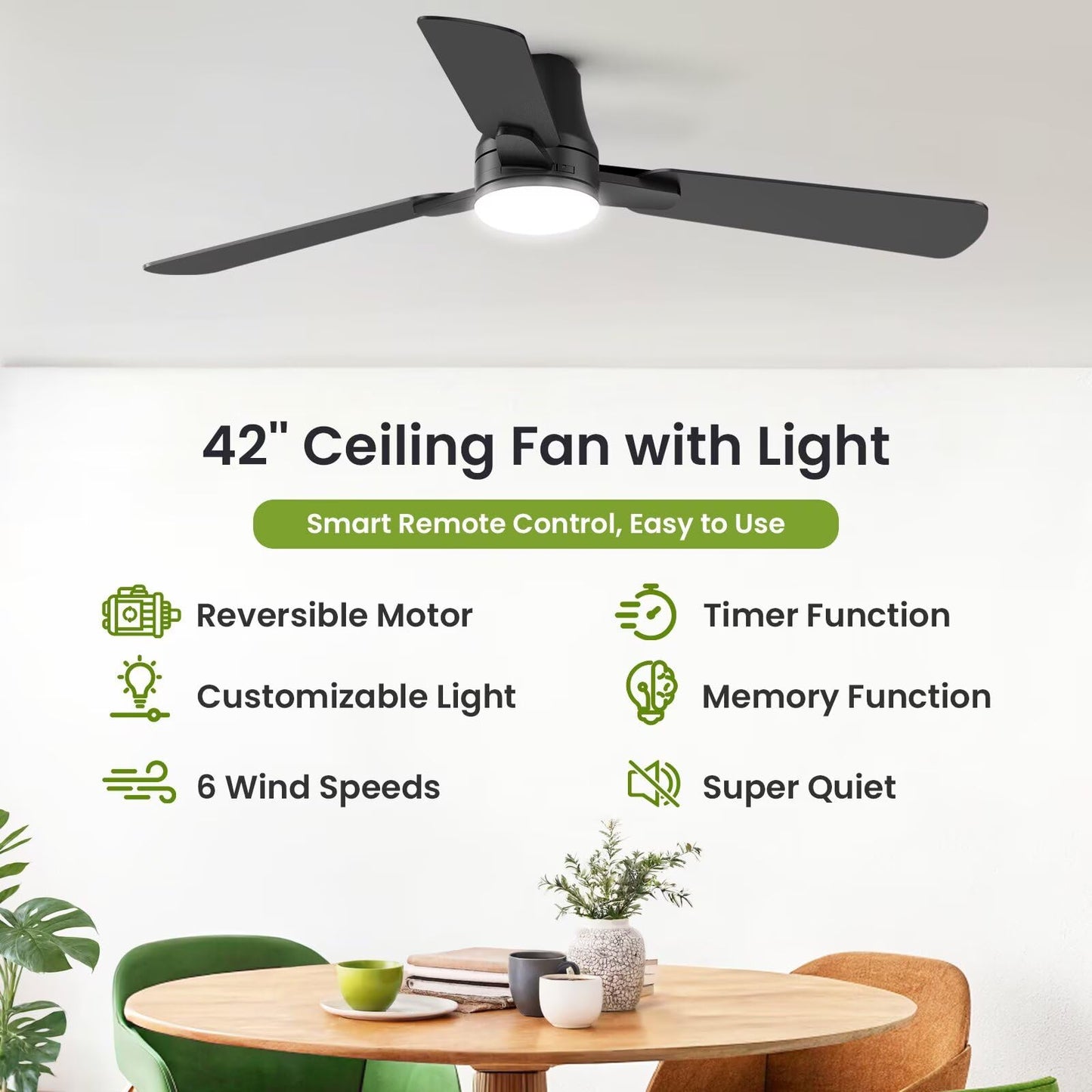 OSTIVE 42" Modern Black Ceiling Fan with Light & Remote, Low Profile Flush Mount, Quiet DC Motor, Reversible Blades, Dimmable LED, Indoor/Outdoor