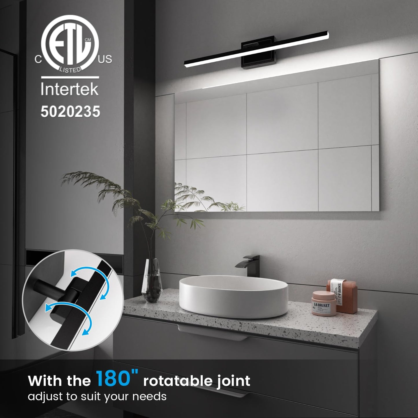 **VOLISUN 24” Modern Bathroom Vanity Light, Rotatable 14W Dimmable 5CCT LED Over Mirror Fixture, Black, ETL Certified**