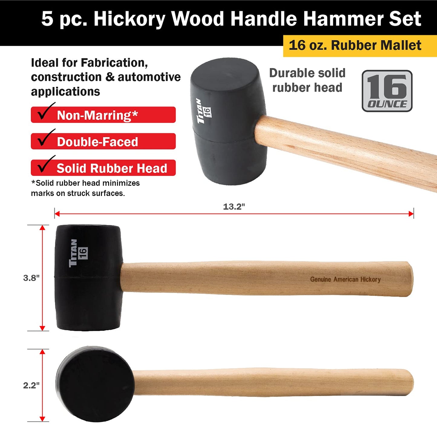 Titan 85070 5-Piece Hammer Set, Includes 16oz & 32oz Ball Pein, 16oz Rubber Mallet, 3lb Sledgehammer & 3lb Cross Pein with Hickory Wood Handles