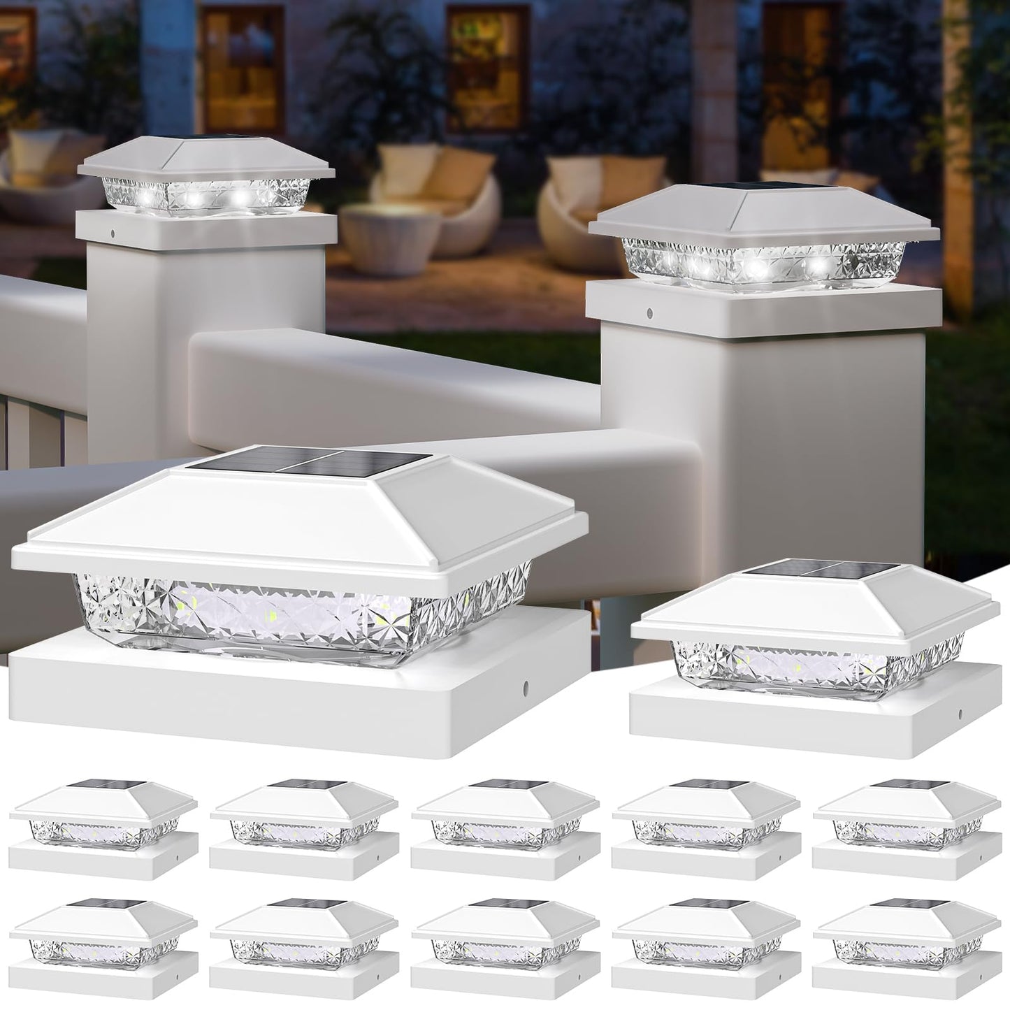 NIORSUN 12-Pack Solar Post Lights for Outdoor Fence & Deck, Cool White, Waterproof, Fits 4x4 & 5x5 Posts, Garden Patio Decor