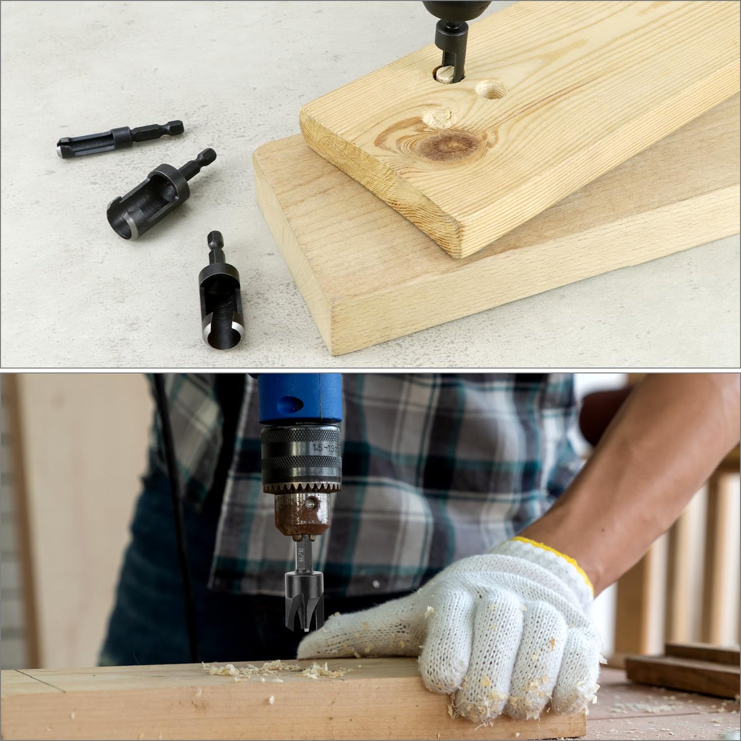 QWORK Wood Plug Cutter Drill Bit Set, 8Pcs, Includes 1/4", 5/16", 3/8", 1/2" Sizes, 1/4 Inch Hex Shank