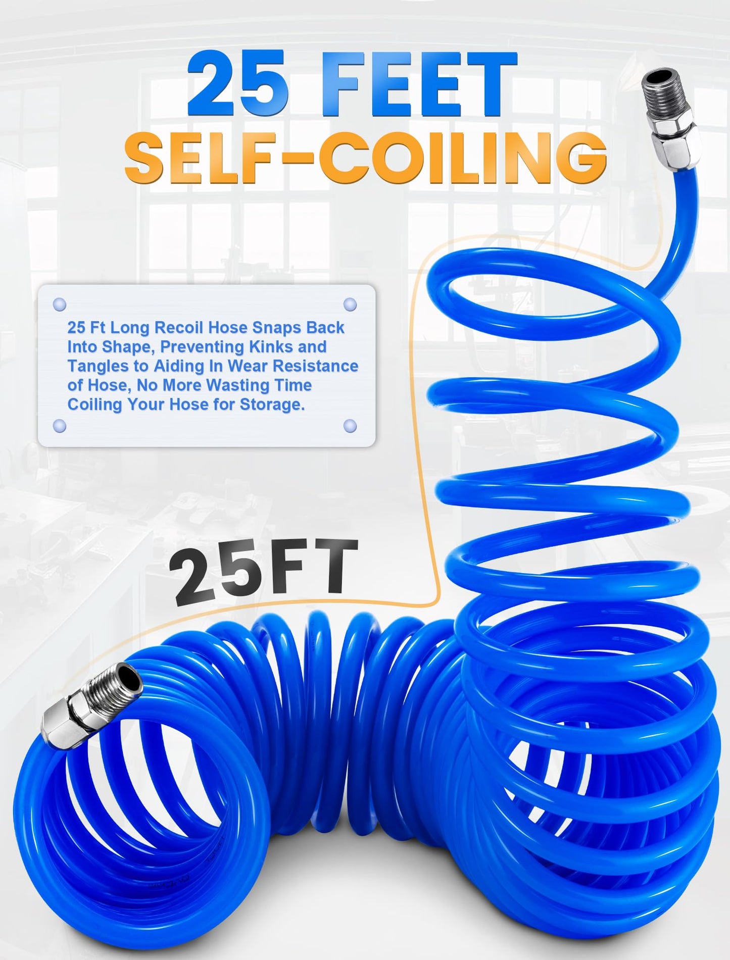 SARDVISA 25ft PU Recoil Air Hose, 1/4" NPT Quick Coupler & I/M Plug Kit, Repairable, 200PSI Max, Industrial Air Compressor Hose