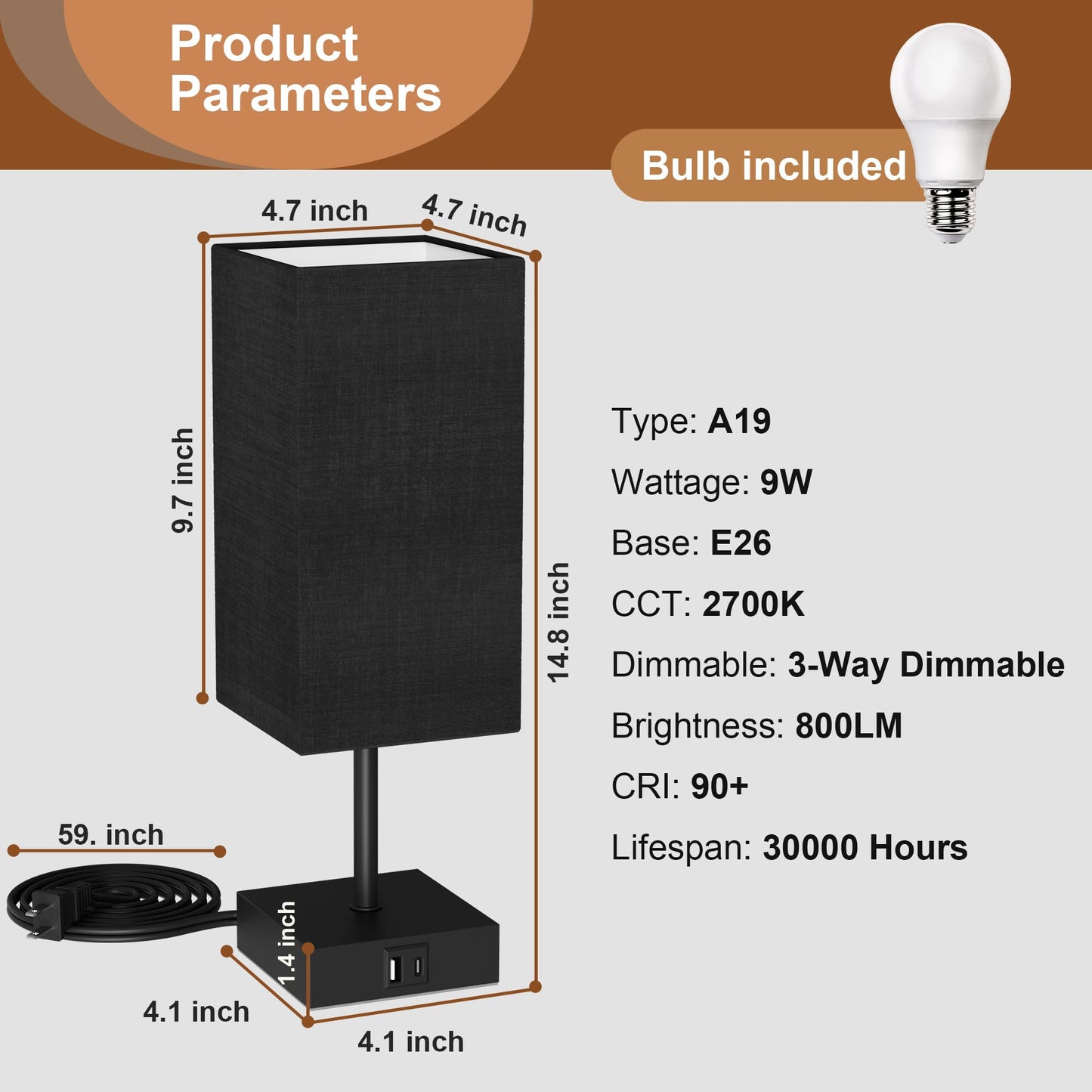 Sailstar Touch Table Lamp, 3-Way Dimmable Bedside Lamp with USB-C & USB-A Charging Ports, Black Nightstand Desk Lamp, Bulb Included