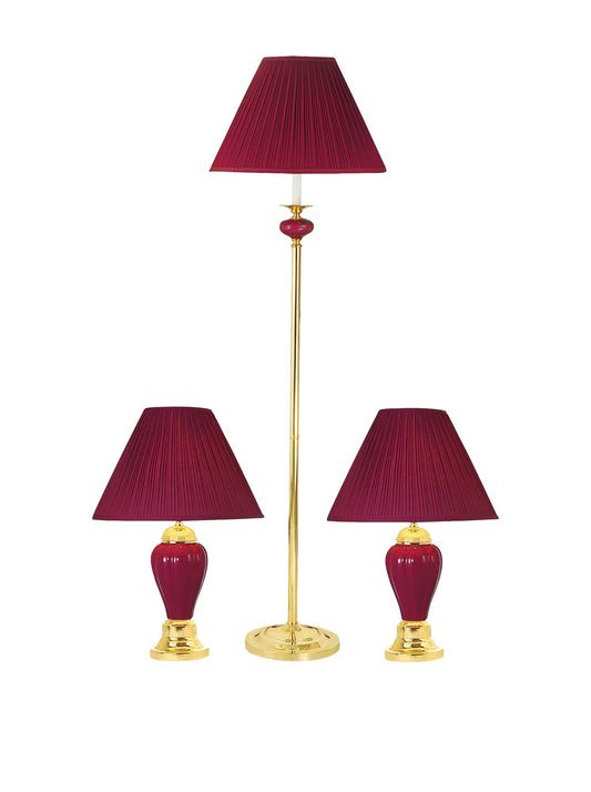 Ore International K-4101BD-31 Ceramic/Brass Table Plus Floor Lamp, Burgundy, Set of 3