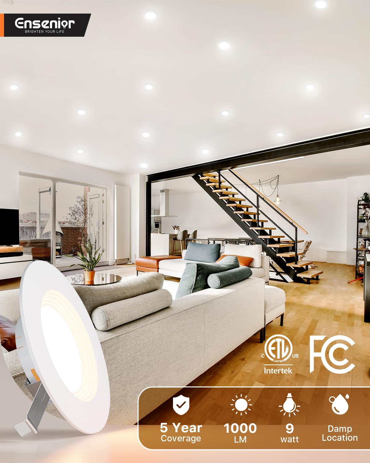 Ensenior 5/6" 5CCT LED Can Lights 12 Pack, Dimmable Retrofit Recessed Lighting, Baffle Trim, 9W=110W, 1000LM, 2700K-5000K, IC Rated