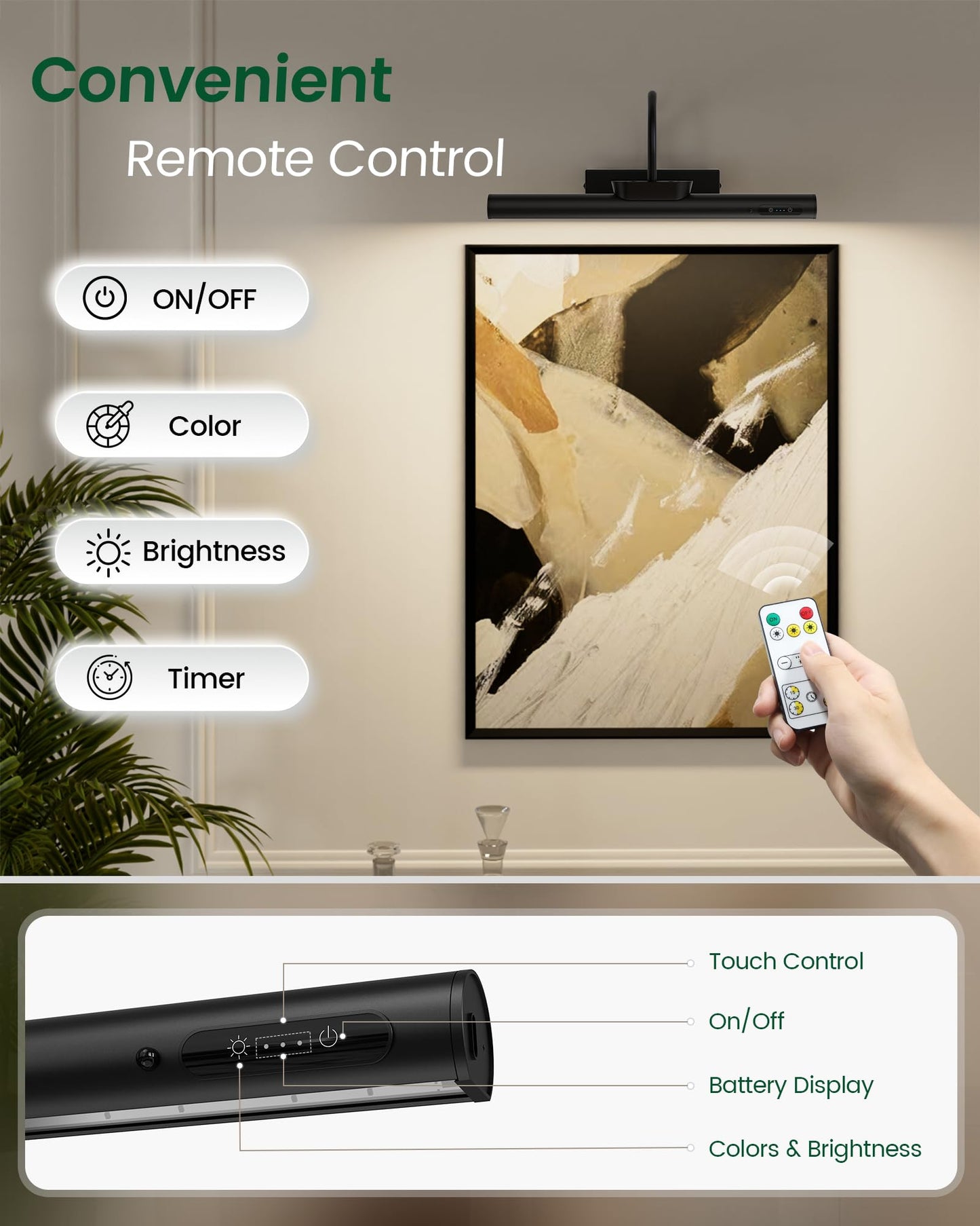 **Bridika Battery Operated Picture Light, 13.8” Rechargeable Art Light, 3 Color Modes & Dimmable Brightness for Paintings, Gallery, Bedroom, Black**