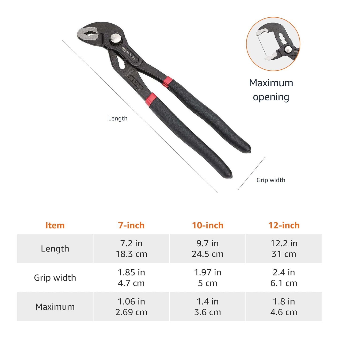 Amazon Basics 3-Piece Quick Release Groove Joint Pliers Set, Drop Forged Chrome Vanadium Steel, Includes 7-inch,10-inch, and 12-inch, Black