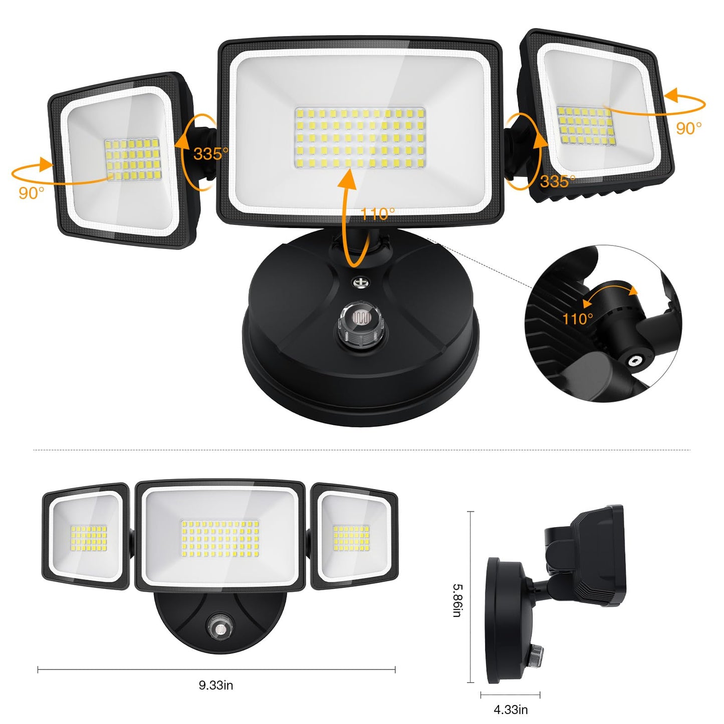 Onforu 70W LED Dusk-to-Dawn Flood Light, 7000LM, 3 Adjustable Heads, IP65 Waterproof, 6500K Outdoor Security Light for Yard & Garage