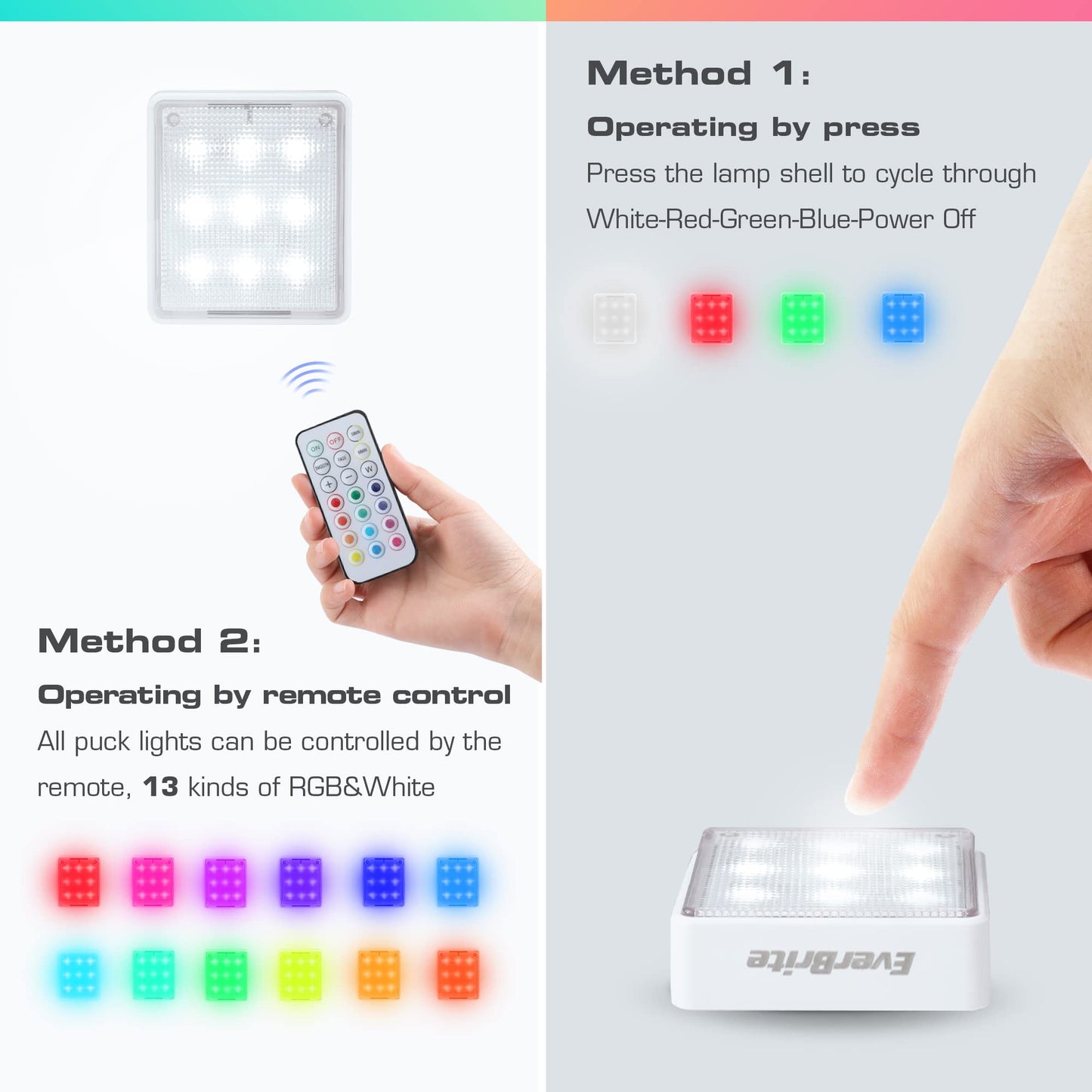 EverBrite LED Tap Lights 6-Pack, Remote-Controlled RGB Night & Closet Lights, Battery Powered, Push Lights for Indoor/Outdoor Use