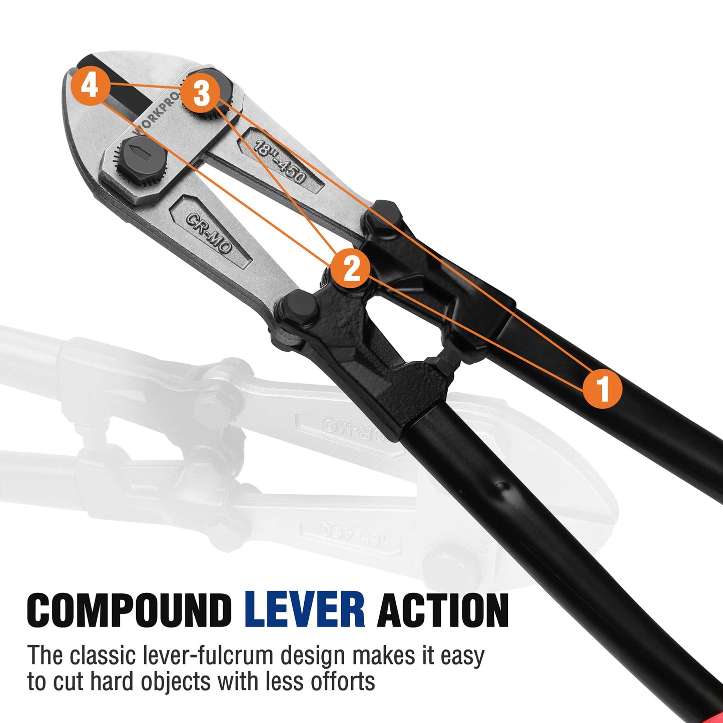 WORKPRO 18" Heavy Duty Bolt Cutter – Chrome Moly Steel, Soft Grip, Cuts Chain, Wire, Screws & Rivets, Black/Blue/Red