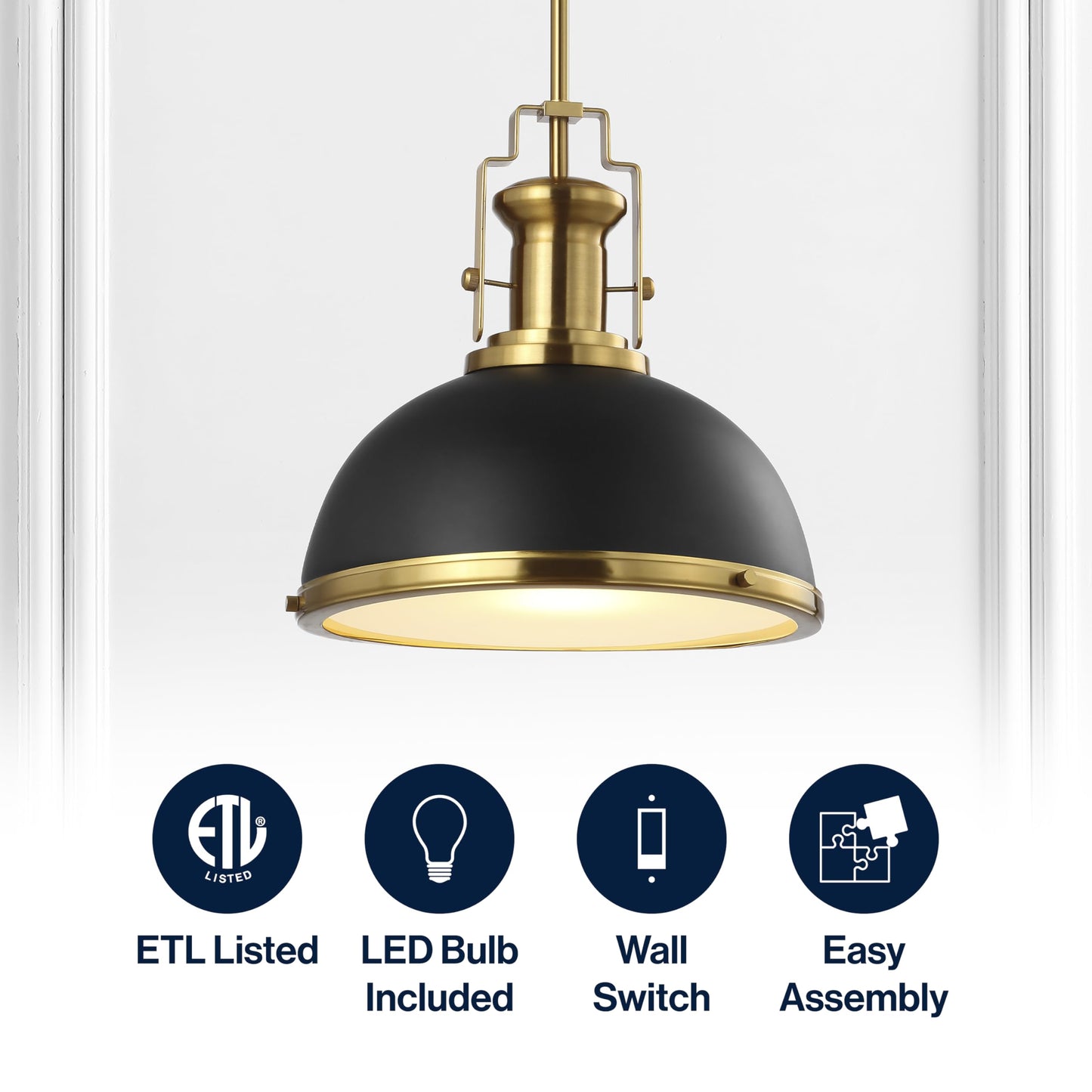 JONATHAN Y JYL9536A 13" Modern Industrial Dome Pendant Light, Black & Brass Gold, Adjustable Hanging Fixture for Kitchen, Dining & Entryway