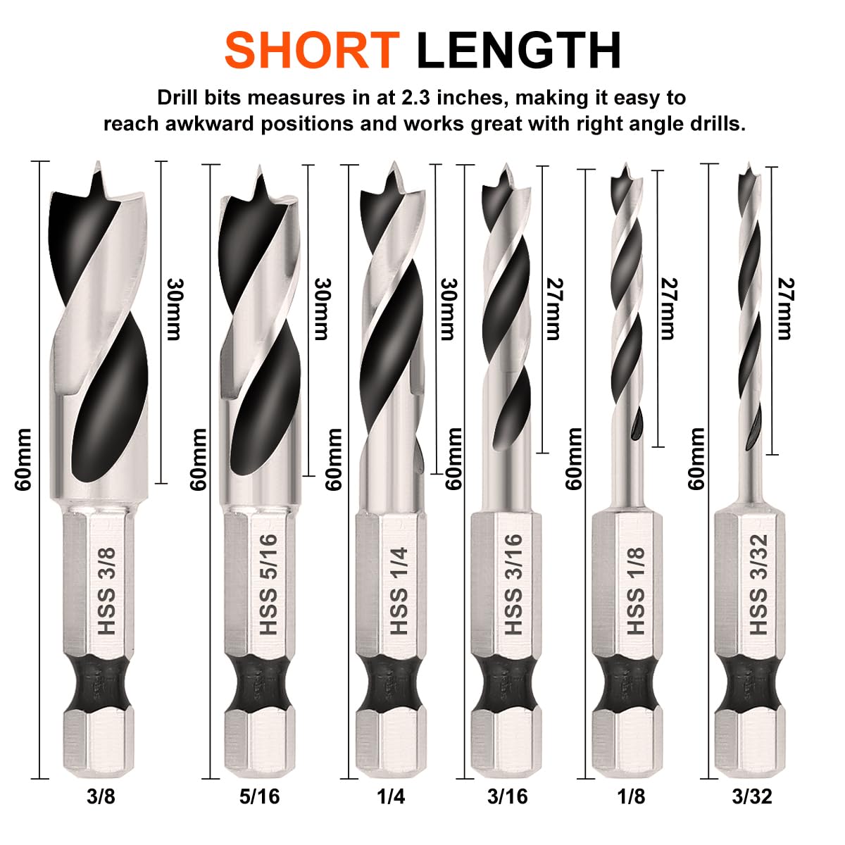 COMOWARE Brad Point Stubby Drill Bit Set for Wood, Short Length Drill Bit Set 6pcs HSS 4241 Steel with 1/4-Inch Quick Change Hex Shank