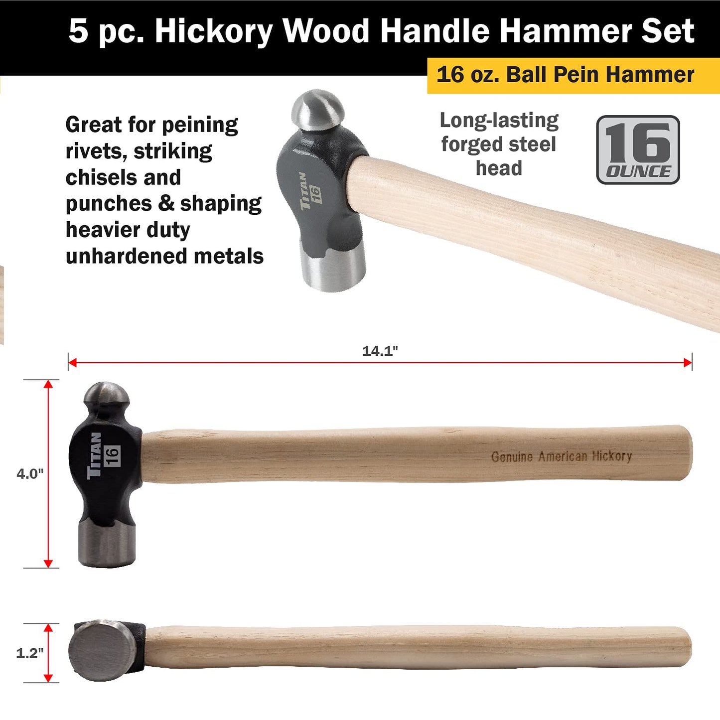 Titan 85070 5-Piece Hammer Set, Includes 16oz & 32oz Ball Pein, 16oz Rubber Mallet, 3lb Sledgehammer & 3lb Cross Pein with Hickory Wood Handles