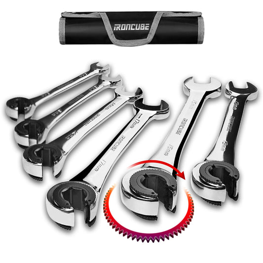 ironcube Brake Line Wrench Set: Metric 10-17mm - Ratcheting Open-end for Nuts on Fuel, Brake or Air Conditioning Lines
