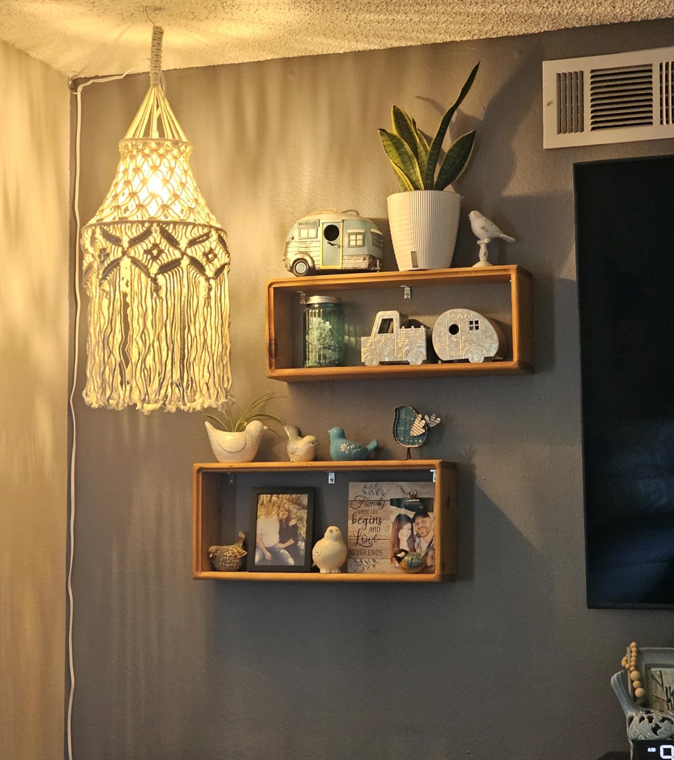 FLSFU Boho Macrame Pendant Lamp, Plug-In Hanging Light with Cord & Switch, Bohemian Wall Outlet Fixture for Bedroom & Living Room