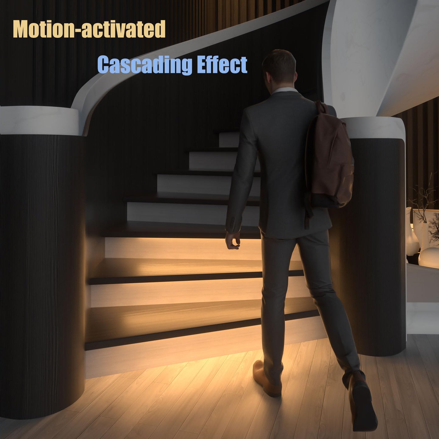 KOMIGAN Motion-Activated LED Stair Lighting Kit, Cascading Effect, 23.6” Aluminum Bars, Warm White 3000K, 16 Stairs