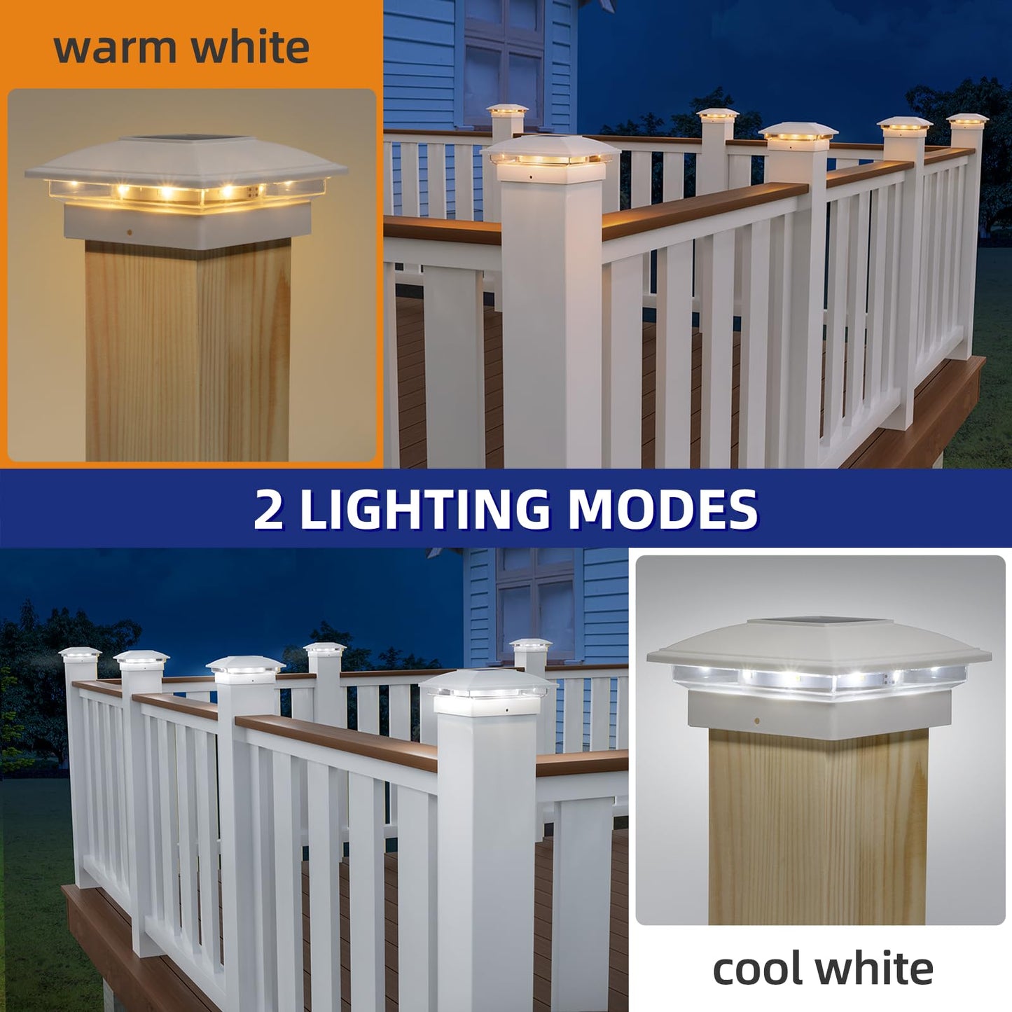 APONUO 12 Pack Solar Post Cap Lights, Warm & Cool Modes, Waterproof Outdoor Fence Lights for 4x4–6x6 Wood & Vinyl Posts, White